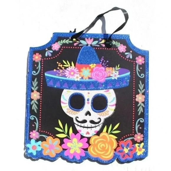 MALE Sugar Skull Day of the Dead Wall Hanging Sign Colorful Flowers Glitter New - Picture 1 of 1